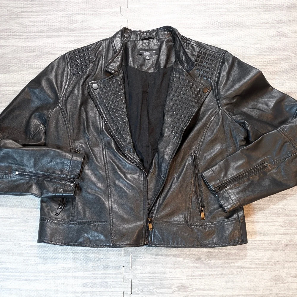 Slate and‎ Willow Women's Black Leather Jacket Textured Moto Chic Sz L